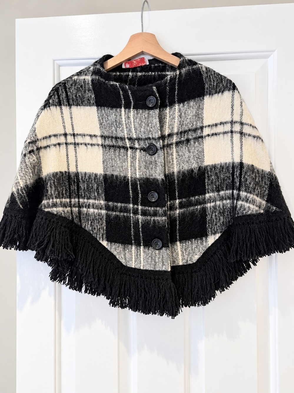 Vintage 70s Mohair Poncho Plaid Fringe Cape MacMaster Scotland Quiet Luxury S/M
